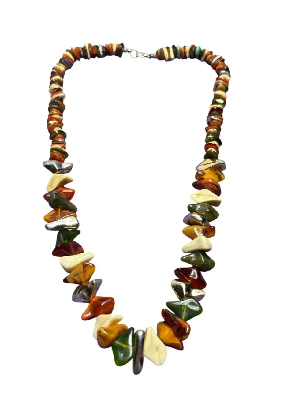Boho Retro Plastic Beaded Necklace Multicolor Silvertone Lobster Clasp 21 inches